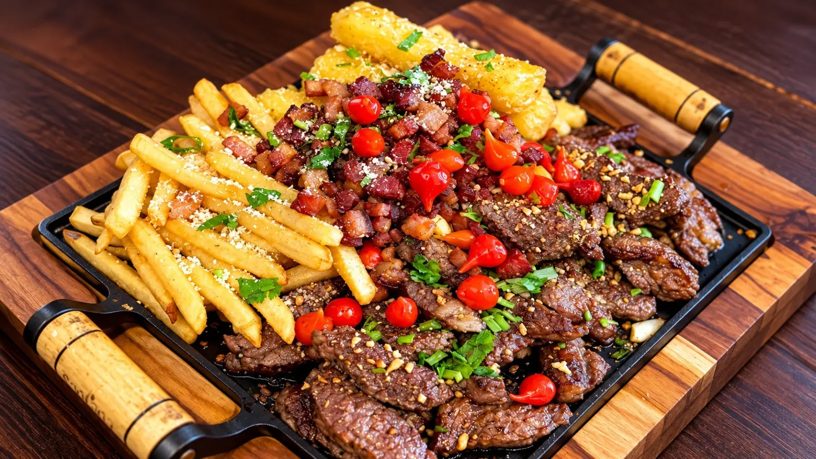 Carne na chapa com batata frita, mandioca, bacon e pimenta biquinho, servida no Panelão da Vila